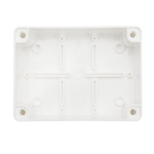 Puszka natynkowa S-BOX316B o wymiarach 150x110x70 mm w kolorze białym, bez dławików, z widocznymi otworami montażowymi. Produkt o klasie szczelności IP55, ukazany z góry, na jednolitym tle.