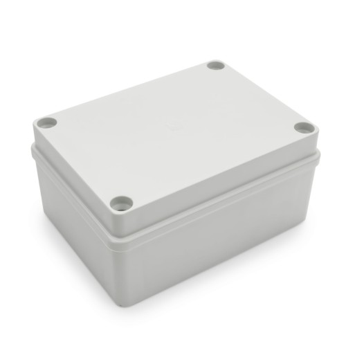 Puszka natynkowa szara o wymiarach 120x80x50 mm, bez dławików, z certyfikatem IP65. Produkt leży na białym tle, widoczny z boku, z gładką, matową powierzchnią oraz czterema otworami montażowymi na górze.