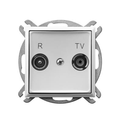 Białe gniazdo antenowe Ospel Aria z dwoma złączami: R i TV. Prosta konstrukcja, prostokątny kształt, metalowy montaż. Widok frontalny, gniazdo przeznaczone do instalacji RTV.