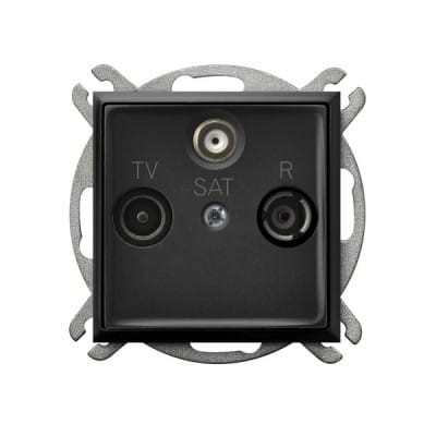 Gniazdo RTV-SAT Ospel Aria w kolorze czarnym metalik, z widocznymi portami TV, SAT oraz R. Produkt montowany w ramce, z metalowym wykończeniem. Ujęcie frontalne, ukazujące szczegóły podłączeń.