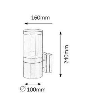 Kinkiet elewacyjny Atlanta 1x60W Rabalux 8166, cylindryczny kształt, wymiary 240 mm wysokości, 160 mm szerokości, średnica 100 mm. Metaliczna obudowa, montaż na ścianie, przeznaczony do oświetlenia zewnętrznego.