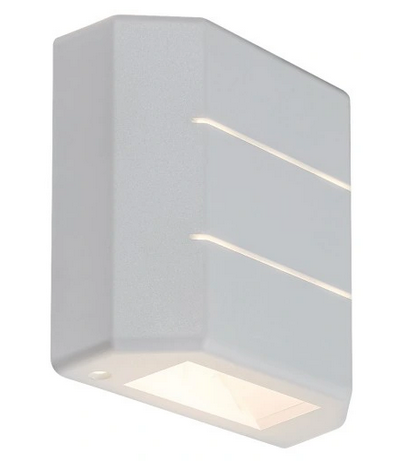 Kinkiet elewacyjny ścienny LED LIPPA 6W w kolorze białym, prostokątny, z dwoma poziomymi liniami na obudowie. Zainstalowany w pozycji pionowej, emitujący światło w dół. Wykonany z matowego materiału, nowoczesny design.