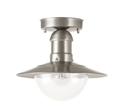 Oprawa sufitowa Oslo E27 1x60W z stalą nierdzewną, w kształcie stożka z szerszym kloszem, zawieszona na cylindrycznej podstawie. Szklana kula lampy znajduje się w centralnej części, całość na tle białego tła.