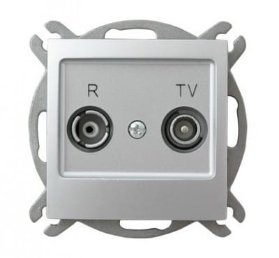 Srebrne gniazdo RTV Ospel Impresja z dwoma złączami: R i TV. Prosty, kwadratowy kształt z metaliczną ramką. Widoczne mocowania do montażu. Idealne do instalacji telewizyjnych.