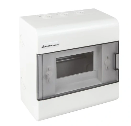 Rozdzielnica modułowa SR n-6, natynkowa, w kolorze białym. Posiada przezroczystą klapkę oraz logo ELEKTRO-PLAST. Ujęcie frontalne, produkt w pozycji stojącej, widoczna przestrzeń na moduły elektryczne.