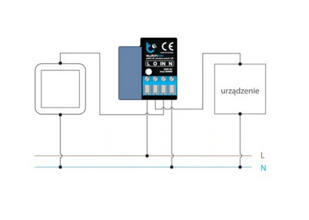 Schemat przekaźnika SwitchBox v3 230V Wi-Fi Blebox. Centralny moduł z niebieskim przyciskiem i pięcioma złączami, podłączony do urządzenia oraz źródła zasilania. Widoczne oznaczenia L i N na dolnej części schematu.