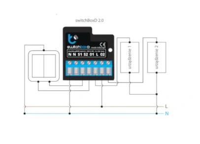 Przekaźnik SwitchBoxD 2x 230V Wi-Fi Blebox, z widocznymi złączami, dwoma wyjściami do urządzeń, oznaczeniami N, L oraz przyciskami S1, S2. Układ w jasnym schemacie, przedstawiający połączenia elektryczne.