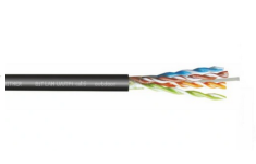 Kabel teleinformatyczny BiTLAN U/UTP kat. 6, zewnętrzny, z czarną osłoną. Wewnątrz cztery pary skręconych żył w kolorach: niebieskim, pomarańczowym, zielonym i brązowym. Widok z boku, ukazujący strukturę kabla.