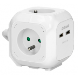 Przedłużacz kostka Orno z 4 gniazdami i 2 portami USB. Produkt w białym kolorze, z okrągłym kształtem. Widoczne zielone kontrolki w gniazdach. Złącza USB umiejscowione z boku. Idealny do użytku domowego i biurowego.