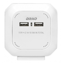 Przedłużacz kostka Orno z 4 gniazdami i 2 portami USB. Produkt w kolorze białym, z widocznymi napisami: ORNO oraz specyfikacją USB. Ujęcie frontalne, pokazujące porty do ładowania.