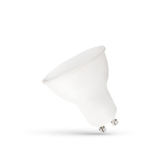 Żarówka LED GU10 o mocy 7,5W z mleczną, plastikową szybą. Kąt świecenia 110°, emitująca ciepłe białe światło. Produkt leży na lekko pochylonym tle, z widocznymi stykami montażowymi u dołu.