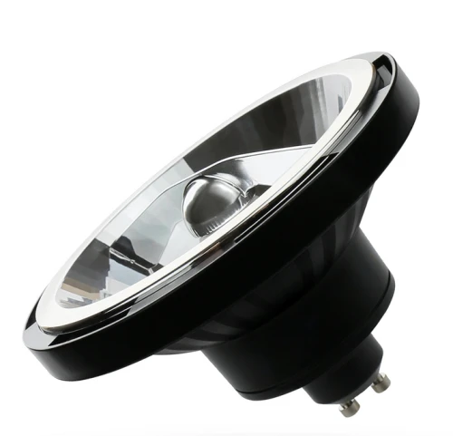 Żarówka LED GU10 10W SMD w neutralnej białej barwie, z czarną podstawą i metalicznym wykończeniem. Ujęcie z boku ukazuje okrągły kształt oraz reflektor w środku, ukazujący szczegóły konstrukcji.