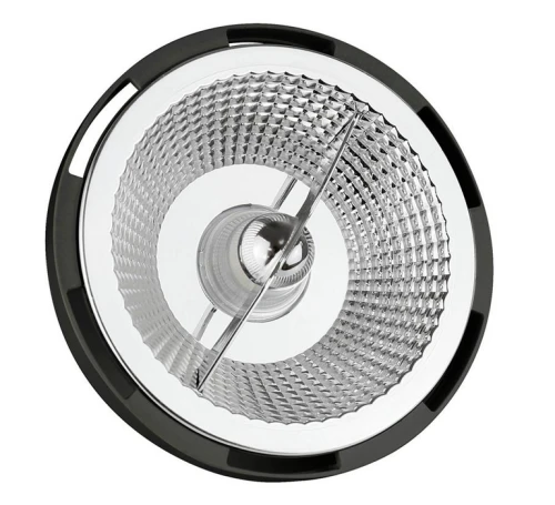 Żarówka LED GU10 10W SMD w ciepłej białej barwie, z okrągłym, przezroczystym kloszem z teksturą oraz czarną oprawą. Widok z góry, ukazujący wnętrze żarówki i reflektor. Idealna do oświetlenia wnętrz.