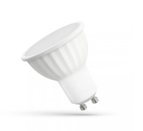 Żarówka LED GU10 9W o zimnej białej barwie światła, z mleczną szybką. Produkt ma cylindryczny kształt z żebrowaniem na korpusie. Widoczne są dwa styki montażowe. Ujęcie frontalne, produkt unosi się na białym tle.