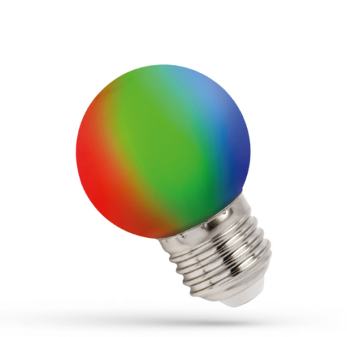 Żarówka LED KULKA E27 1W RGB z kolorową, matową powierzchnią w odcieniach zieleni, niebieskiego i czerwonego, z metalowym gwintem E27. Produkt stoi na dolnej części, ukazując kształt kulisty.