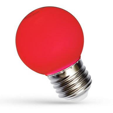 Żarówka LED KULKA E27 1W w kolorze czerwonym, okrągła, z metalowym gwintem E27. Ujęcie z boku, ukazujące gładką, błyszczącą powierzchnię oraz jasny, intensywny kolor.