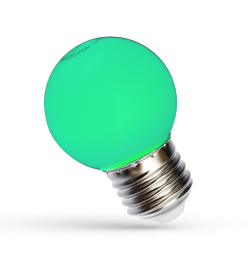 Żarówka LED kulka E27 1W w intensywnym zielonym kolorze, z okrągłą, gładką powierzchnią. Widoczny gwint E27. Produkt leży na boku, co podkreśla jego kształt i kolor.