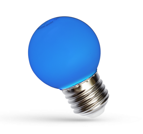 Żarówka LED KULKA E27 1W w kolorze niebieskim, o okrągłym kształcie. Widoczny gwint E27 oraz matowe wykończenie szkła. Produkt leży pod kątem, co uwydatnia jego kolor i kształt.