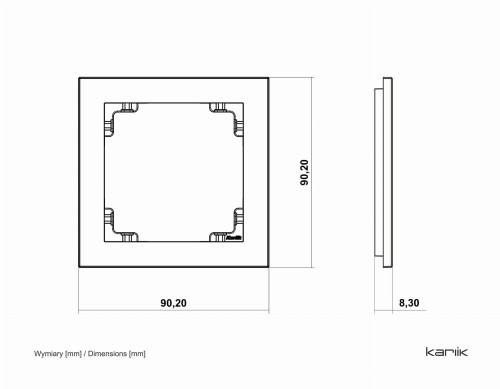 Ramka pojedyncza Karlik Deco w kolorze czekoladowym, o wymiarach 90,20 mm x 90,20 mm x 8,30 mm. Prosty, kwadratowy kształt z wycięciem w centrum, doskonała do montażu na ścianie.
