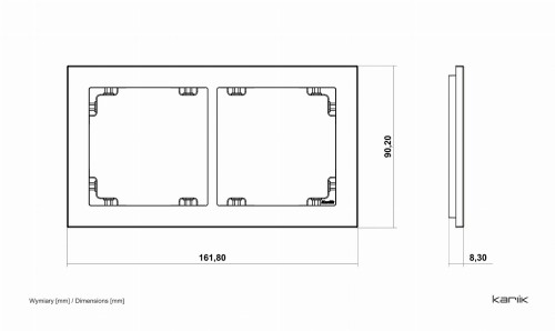 Podwójna ramka Karlik Deco w kolorze czekoladowym, wymiary 161,80 mm x 90,20 mm x 8,30 mm, z miejscami na dwa zdjęcia. Ujęcie frontalne, pokazujące szczegóły mocowania. Prosty design, idealna do aranżacji wnętrz.