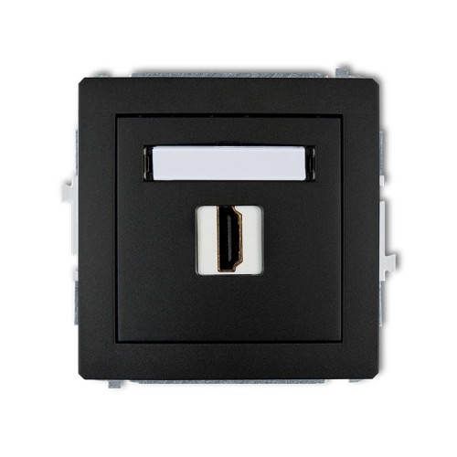 Gniazdo HDMI pojedyncze Karlik Deco w kolorze czarnym matowym, z prostokątnym otworem na złącze HDMI. Ujęcie frontalne, pokazujące gniazdo z lekko przesuniętym panelem. Prosta, elegancka konstrukcja, idealna do nowoczesnych wnętrz.