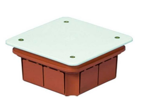 Puszka podtynkowa o wymiarach 92x92x45 mm w kolorze białym, z widocznymi śrubami montażowymi. Produkt ma prostokątną, brązową podstawę i kwadratową pokrywę. Idealna do instalacji elektrycznych.