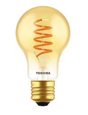 Żarówka LED Filament E27 A60 4,5W w bursztynowej, przezroczystej obudowie. Wnętrze z spiralnym włóknem w pomarańczowym kolorze. Widoczna etykieta z logo TOSHIBA na dolnej części trzonka. Ujęcie frontalne.