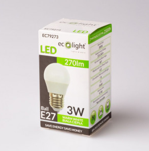 Żarówka LED kulka E27 3W w ciepłej białej barwie, umieszczona w opakowaniu kartonowym. Na pudełku widoczne informacje o mocy, rodzaju światła oraz strumieniu świetlnym 270 lm. Prosta, okrągła konstrukcja żarówki.