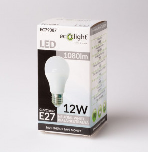 Żarówka LED E27 o mocy 12W w opakowaniu. Barwa neutralna biała, jasność 1080 lm. Widoczny gwint E27 oraz oznaczenia na opakowaniu. Tło jasne, proste.