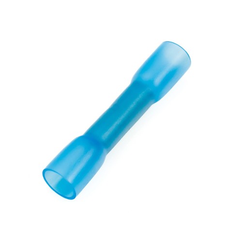 Złączka termokurczliwa z tulejką miedzianą w kolorze niebieskim, o długości około 5 cm, z dwoma końcówkami do podłączeń. Produkt leży poziomo na białym tle, ukazując gładką powierzchnię i zaokrąglone końce. W opakowaniu znajduje się 10 sztuk.