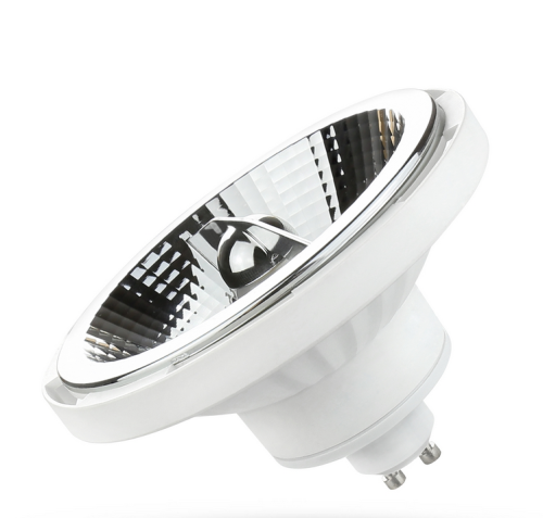 Żarówka LED GU10 10W SMD o neutralnej białej barwie, z białą podstawą i metalicznym reflektorem. Ujęcie pod kątem, pokazujące szczegóły kształtu i faktury, z widoczną końcówką z pinami.