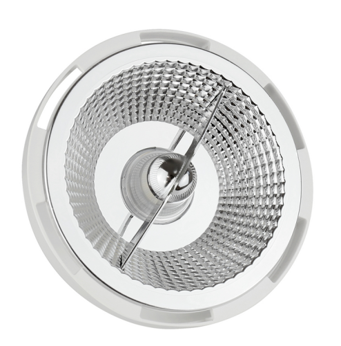 Żarówka LED GU10 10W SMD w neutralnej białej barwie, z okrągłym kloszem w metalicznej, lustrzanej fakturze. Widok z góry, ukazujący wewnętrzną strukturę oraz mocowanie. Idealna do oświetlenia wnętrz.