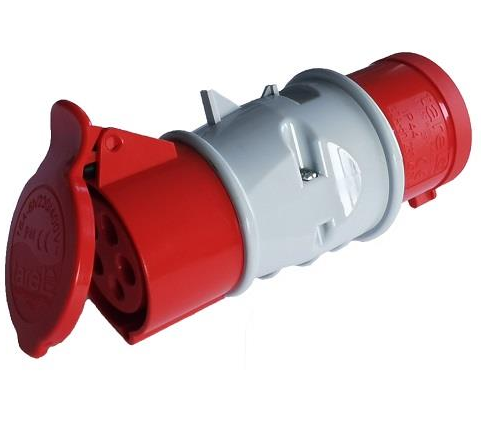 Adapter przejściówka 4P wtyczka 32A z gniazdem 16A, IP44. Produkt w kolorze czerwonym i szarym, z zaślepką, widoczny z boku. Przeznaczony do zastosowań zewnętrznych, odporny na warunki atmosferyczne.
