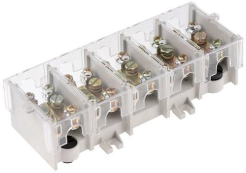 Listwa zaciskowa LG 5x35/16 z osłoną, wykonana z tworzywa sztucznego, posiada pięć gniazd do podłączenia przewodów, widoczne metalowe śruby mocujące, przezroczysta osłona oraz otwory montażowe w dolnej części.