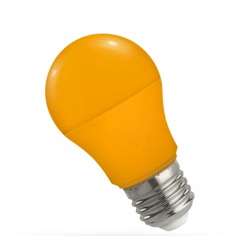 Żarówka dekoracyjna LED E27 o mocy 4,9W, w kolorze pomarańczowym. Posiada klasyczny kształt z metalowym gwintem. Idealna do tworzenia nastrojowego oświetlenia. Widok z boku, na jednolitym tle.