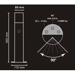 Lampa ogrodowa słupek DALLAS E27 o wysokości 44 cm, grafitowa, z czujnikiem ruchu i zmierzchu. Rysunek techniczny.