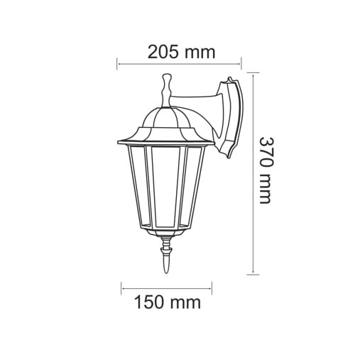 Kinkiet elewacyjny LIGURIA E27 w kolorze czarnym, o wymiarach 205 mm szerokości, 150 mm głębokości i 370 mm wysokości. Posiada klasyczny kształt z dekoracyjnym wykończeniem, montowany na ścianie.