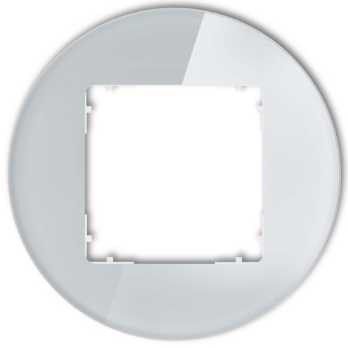 Pojedyncza okrągła ramka Karlik ICON w kolorze szarym z efektem szkła. Produkt z widoczną, pustą wnęką na wkład, z gładką, błyszczącą powierzchnią, widoczny z góry. Idealna do montażu w różnych aranżacjach wnętrz.