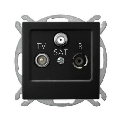 Czarne gniazdo RTV-SAT Ospel As z trzema portami: dwa gniazda (TV i SAT) oraz jedno gniazdo (R). Gniazdo umieszczone w metalowej ramce, widok frontalny. Wyraźne oznaczenia literowe na czarnym tle.