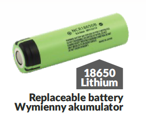 Akumulator litowy 18650 w zielonym kolorze, z oznaczeniem Replaceable battery i Wymienny akumulator. Widoczny czarny koniec z metalowym stykem. Produkt przeznaczony do wymiany w urządzeniach elektronicznych.
