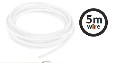 Biały kabel o długości 5 m, zwinięty w okrąg. W tle widoczna ikona z napisem 5m wire. Kabel przeznaczony do lampy solarnej z czujnikiem ruchu.