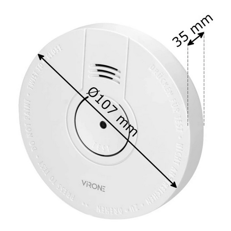 Czujnik dymu bateryjny 9V BSI Orno SD-1 w kolorze białym, okrągły, średnica 107 mm, grubość 35 mm. Widoczny otwór testowy oraz oznaczenia dotyczące użytkowania. Produkt zamontowany na płaskiej powierzchni, z widoczną siatką wentylacyjną.