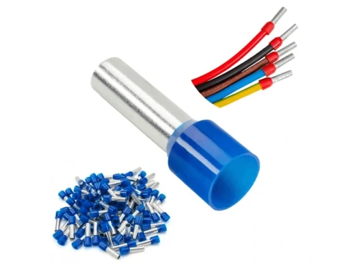 Końcówka tulejkowa izolowana 2,5/10 w kolorze niebieskim, wykonana z metalu i plastiku, z opakowaniem zawierającym 10 sztuk. Na zdjęciu widoczna jest także złączka oraz kilka przewodów w różnych kolorach.