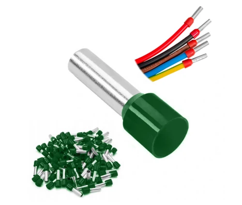 Końcówka tulejkowa izolowana 6/12 mm w kolorze zielonym, zestaw 25 sztuk. Produkt o cylindrycznym kształcie z metalowym rdzeniem, otoczony zieloną izolacją. W tle widoczne różnokolorowe przewody elektryczne.