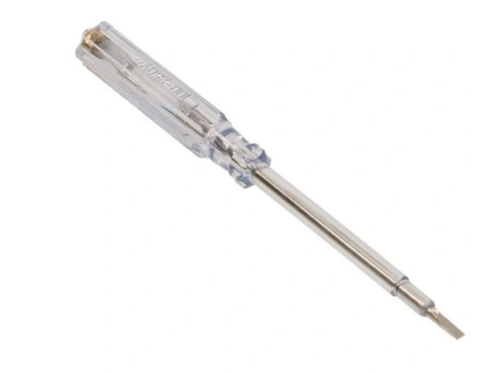 Tester napięcia próbnik OR-AE-1322 o długości 190 mm, z przezroczystą obudową i metalowym końcówką. Umożliwia pomiar napięcia w zakresie 100-250V. Ujęcie z boku, produkt leżący na białym tle.
