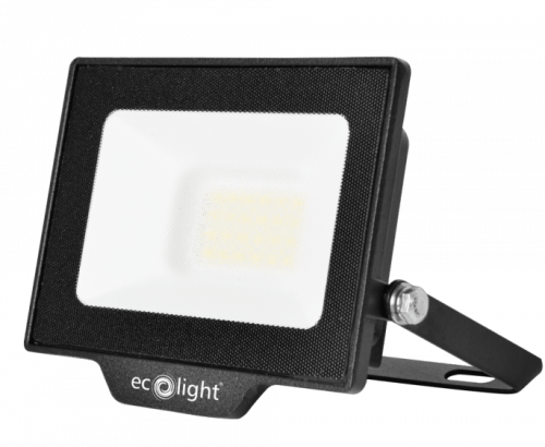 Naświetlacz NL-1 20W w neutralnej bieli, z prostokątną, szklaną soczewką i czarną, teksturowaną obudową. Ujęcie frontalne, zamontowany na metalowym uchwycie. Widoczny logo ec light.