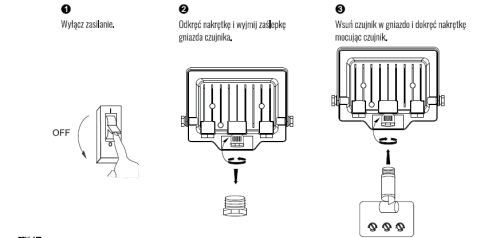 Wymienny czujnik ruchu do naświetlaczy NL-1, NL-2 przedstawia instrukcję montażu. Obrazek pokazuje kroki: wyłączenie zasilania, odkręcanie nakrętki i umieszczanie czujnika w gnieździe. Graficzne elementy są czytelne oraz jasne.