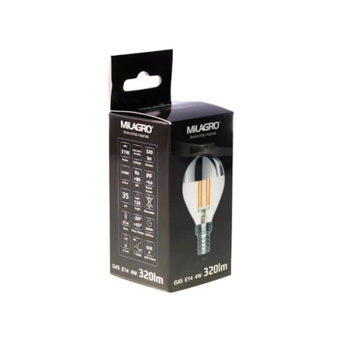 Żarówka LED filament E14 G45 4W 2700K w opakowaniu. Produkt ma srebrny klosz, a widoczne oznaczenia to dane techniczne: moc 4W, strumień świetlny 320 lm, kąt świecenia 180°. Opakowanie czarne z logo MILAGRO.