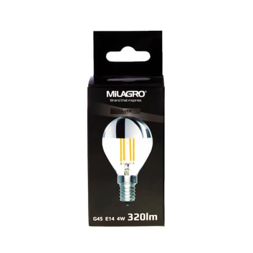 Żarówka LED filament E14 G45 4W 2700K TOP SILVER w opakowaniu. Produkt ma szklany klosz w kształcie łzy z metalicznym wykończeniem oraz widoczne żarniki LED w kolorze żółtym. Opakowanie z logo Milagro, czarne z grafiką przedstawiającą żarówkę.