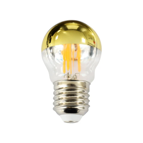 Żarówka LED filament E27 G45 4W w kształcie kulistym, z przezroczystą szklaną obudową i złotą górną częścią. Widoczne są dwie żółte nitki filamentu. Gwint E27, podstawowy rozmiar. Produkt umieszczony na białym tle.